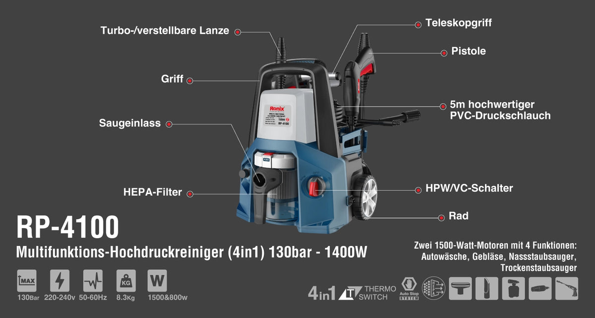 Ronix Multifunktions-Hochdruckreiniger (4-in-1) 130 bar - 1400 W