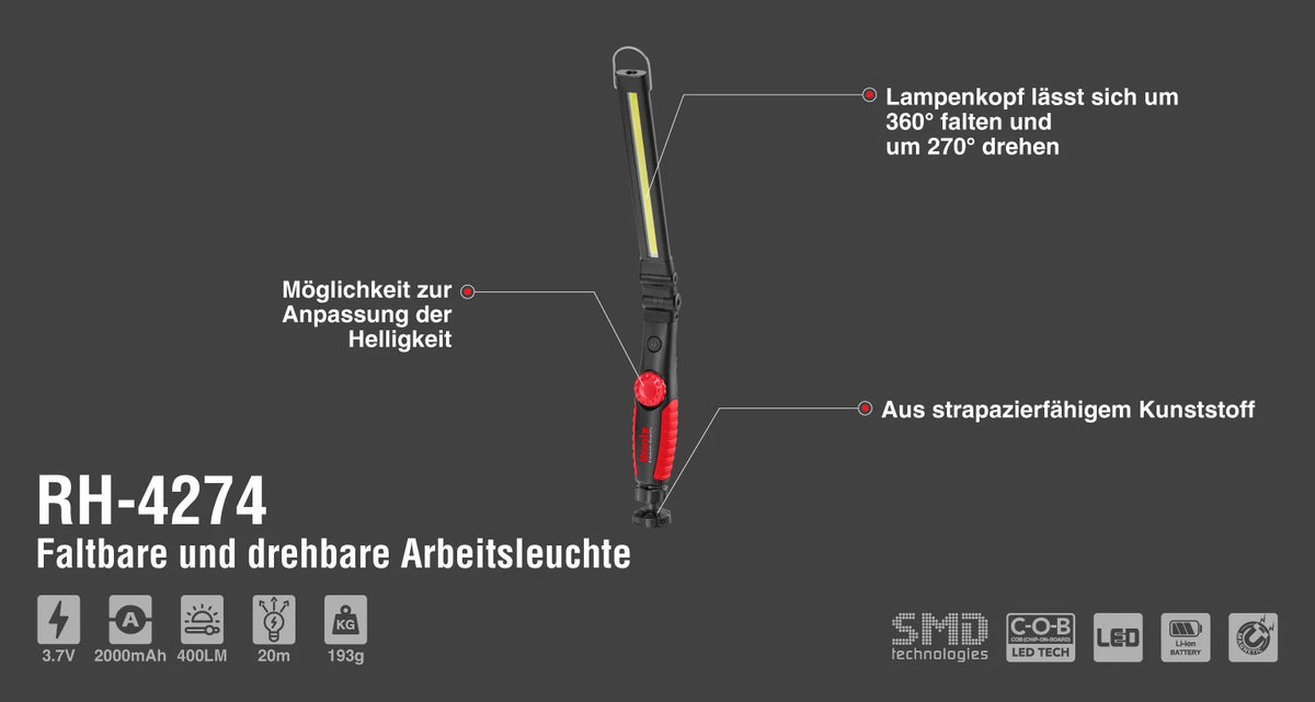Ronix 3,7 V dreh- & klappbare Arbeitsleuchte, 400 lm - Schiebemodell