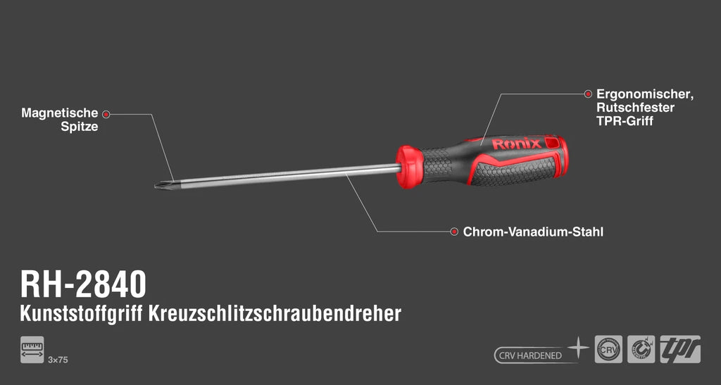 Ronix Kreuzschlitzschraubendreher mit PP TPR Griff 3*75 mm (2-Farbig)