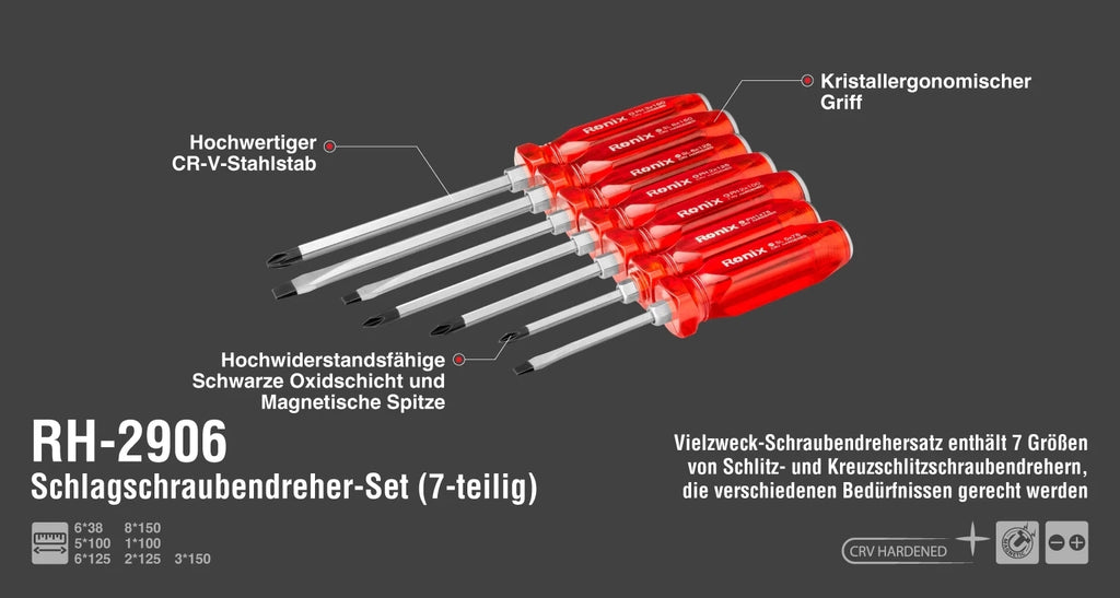 Ronix Schlagschraubendreher-Set (7-teilig) TPR-Griff ph2