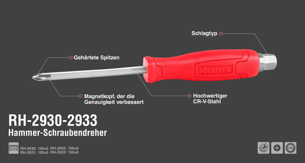Ronix Kreuzschlitz-Schlagschraubendreher mit Kunststoffgriff 8 150 mm