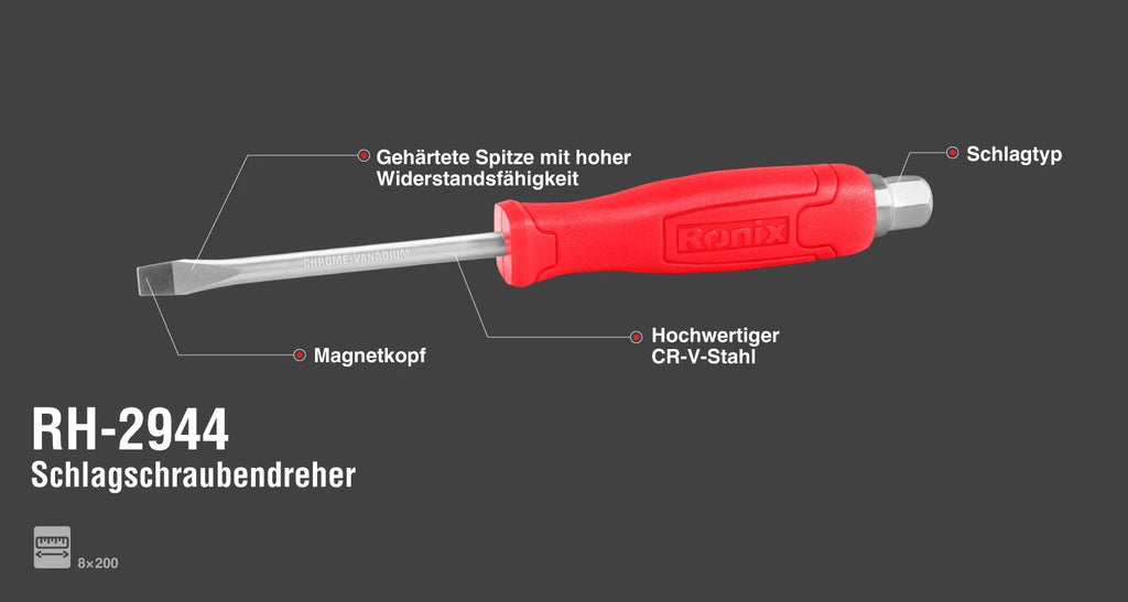 Ronix Schlitz-Schraubendreher 8 200 mm mit Kunststoffgriff