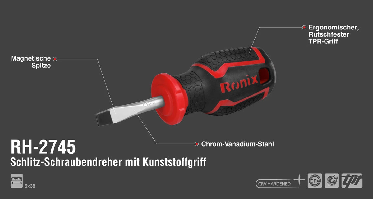 Ronix Schlitzschraubendreher mit PP+TPR-Griff, 6 * 38 mm