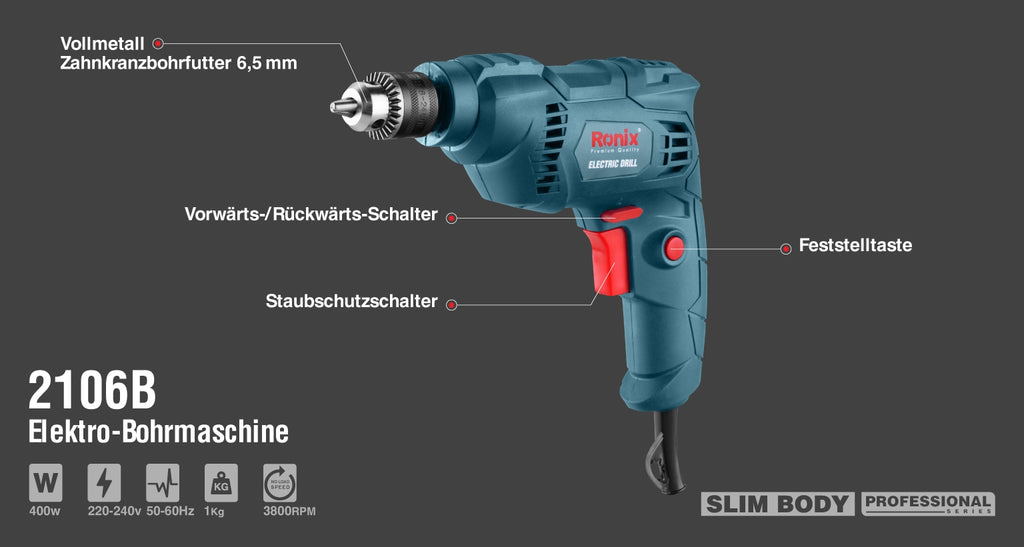 Ronix Elektro-Bohrmaschine 400 W - 6,5 mm - Schlüsselbohrfutter