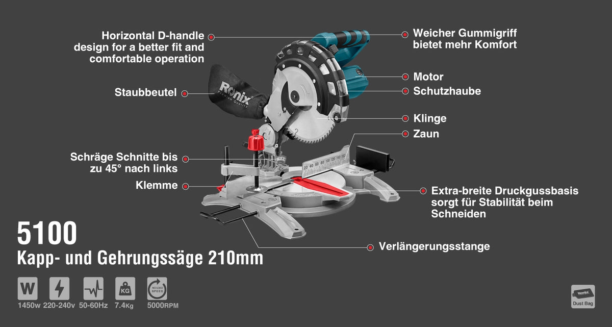Ronix Gehrungssäge mit Winkel- und Gehrungsschnitt - 1450 W - 210 mm