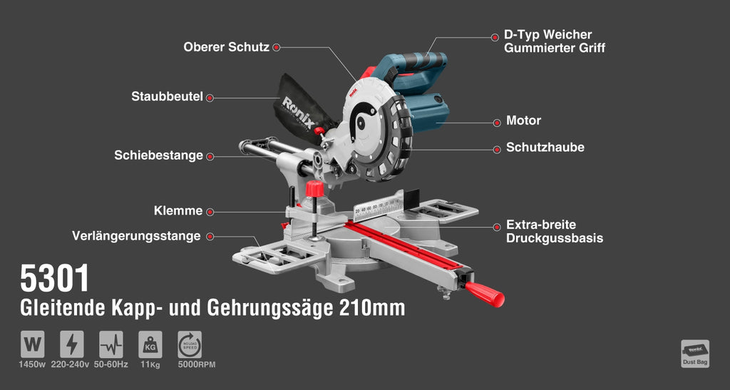 Ronix Kapp- und Gehrungssäge mit Gleitfunktion 1450 W - 210 mm