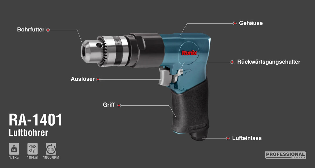 Ronix Druckluft-Bohrmaschine mit Zahnkranzbohrfutter 10 mm - 10 Nm