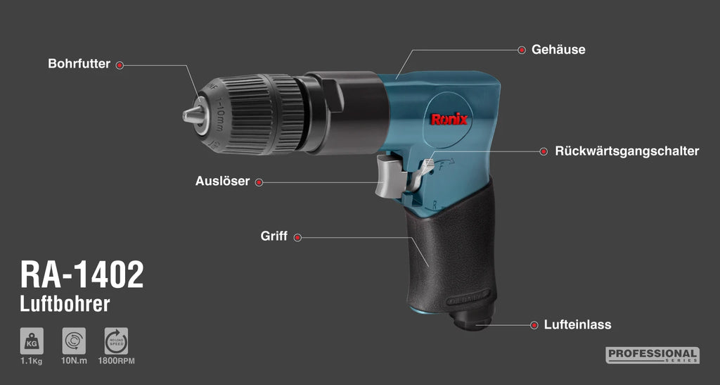 Ronix Druckluft-Bohrmaschine mit Schnellspannfutter 10 mm - 10 Nm