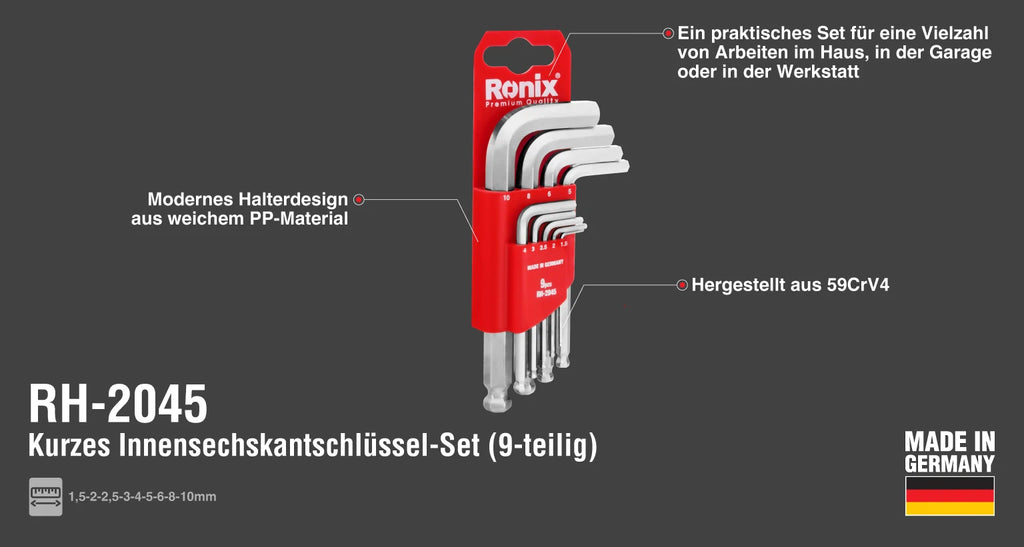 Ronix kurzarm-Innensechskantschlüssel-Set mit Kugelkopf, (9-teilig)