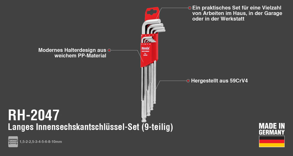 Ronix Langarm-Innensechskantschlüssel-Set mit Kugelkopf (9-teilig)