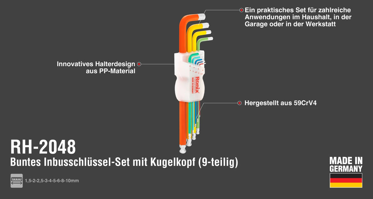Ronix Mehrfarbiges Extra-Langarm-Innensechskantschlüssel-Set mit Kugelkopf (9-te