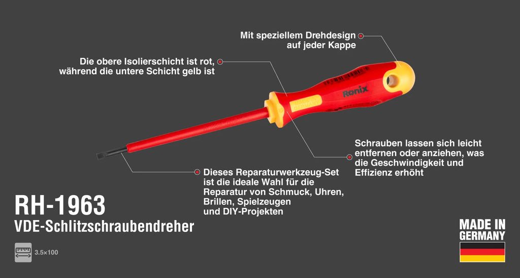 Ronix VDE Schlitz Schraubendreher 3 5 100 Spitzenst rke 0 8 mm Made in Germany