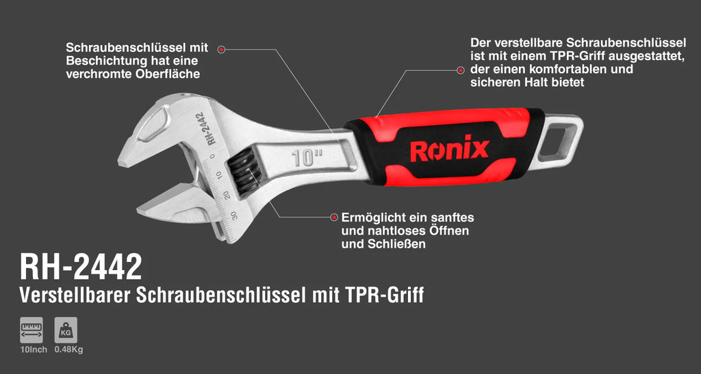 Ronix Verstellbarer Schraubenschlüssel mit TPR-Griff 10 Zoll