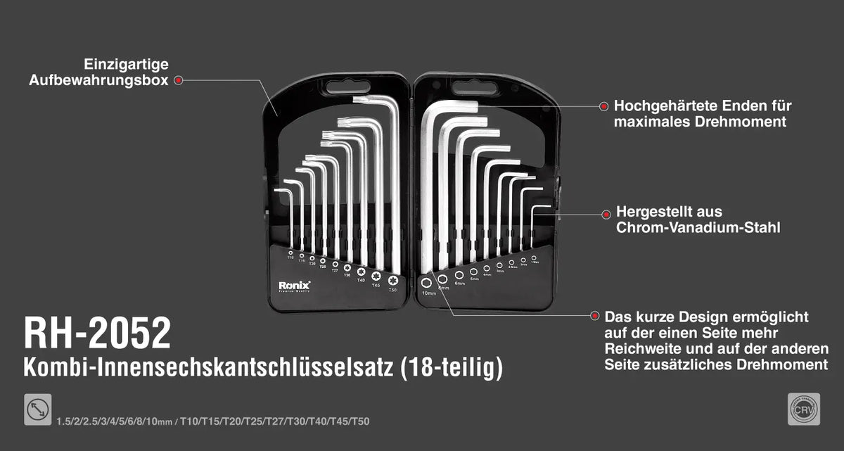 Ronix Langer Kombi-Innensechskantschlüsselsatz (18-teilig)
