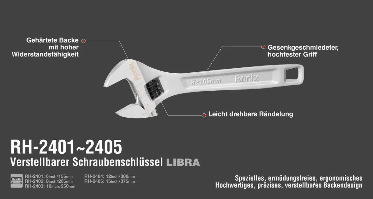 Ronix Rollgabelschlüssel, 8 Zoll - Libra-Serie