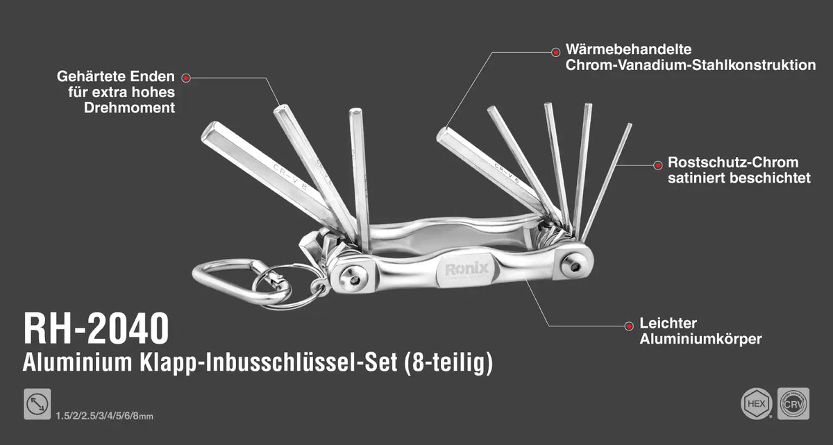 Ronix Faltbarer Aluminium-Innensechskantschlüsselsatz (8-teilig)