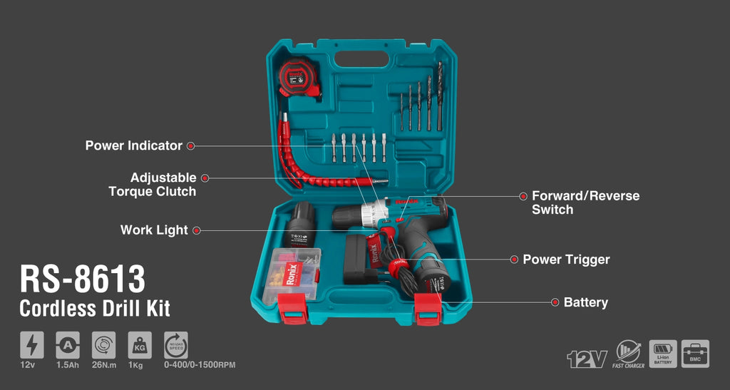Ronix Akku-Bohrschrauber-Set 12 V (19-teilig)