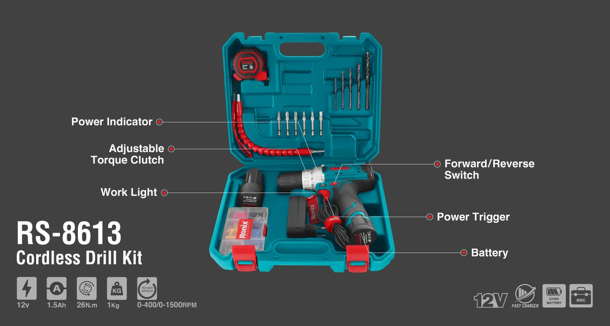Ronix Akku-Bohrschrauber-Set 12 V (19-teilig)