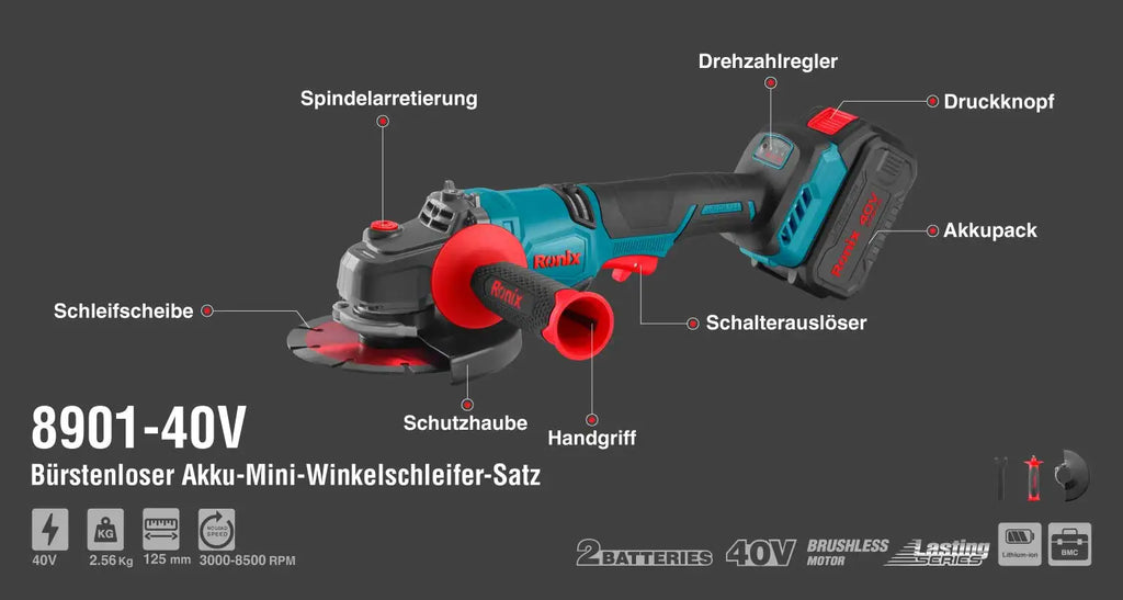 Ronix Modell 8901 40V 40V Bürstenloser Kabelloser Mini Winkelschleifer Kit 125mm