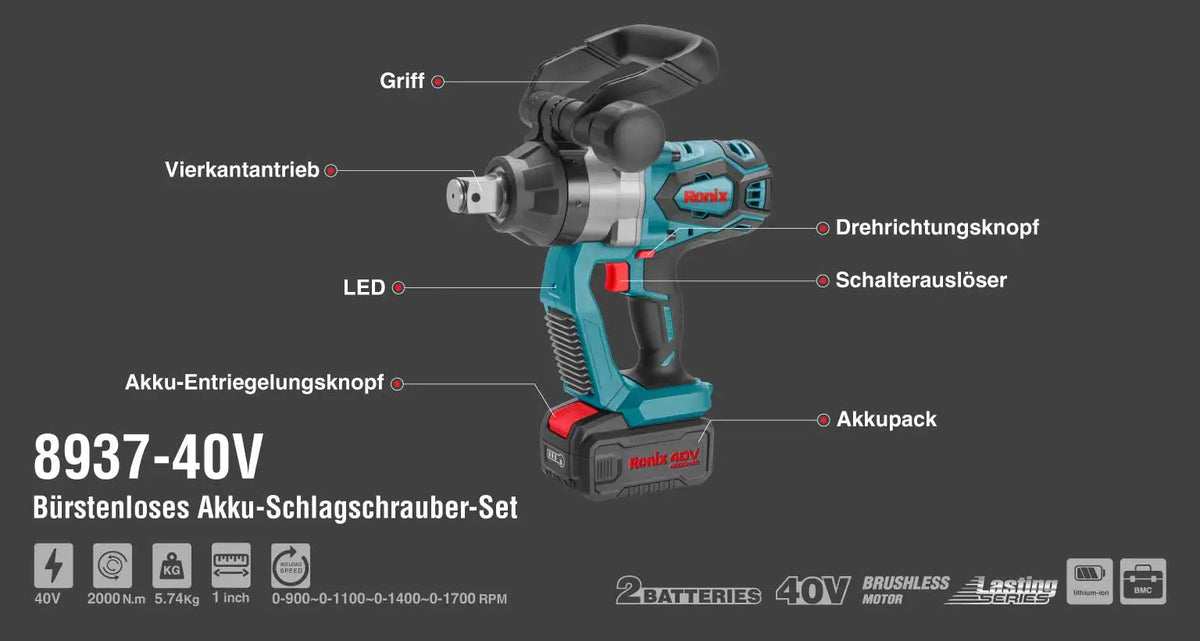 Ronix 8937 40V 40V Bürstenloser Akku Schlagschrauber Kit 2000 N m 1 Zoll