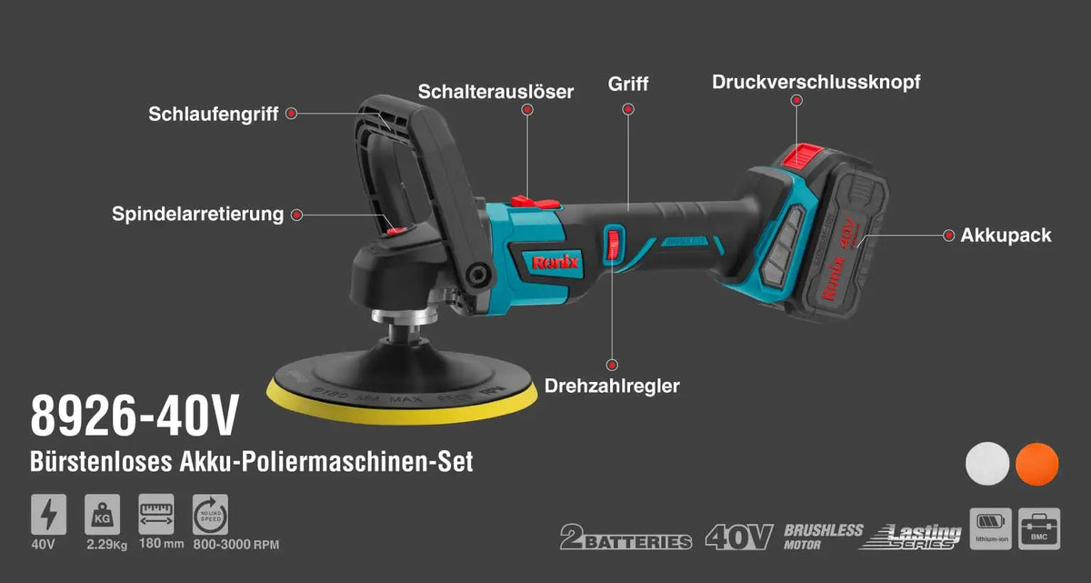 Ronix Bürstenloses Akku-Poliermaschine-Set 180 mm, 40 V