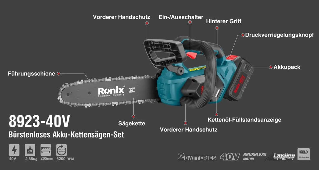 Ronix 8923 40V 40V Bürstenloser Akku Kettensäge Kit 30 cm