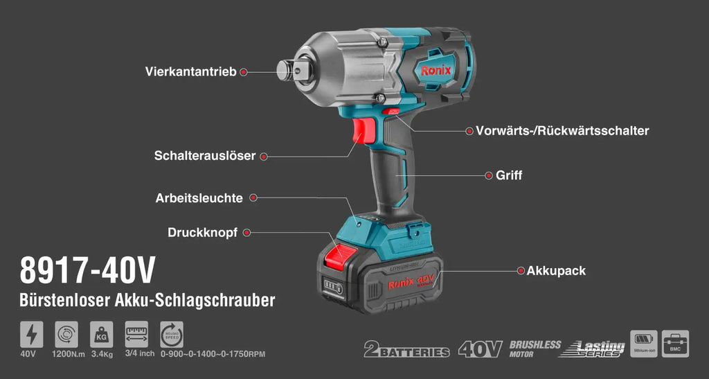 Ronix bürstenloses Akku-Schlagschrauber-Set 40 V, 1200 Nm, ¾-Zoll