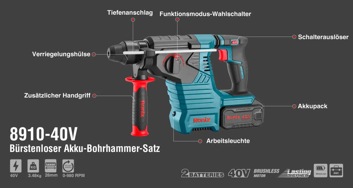 Ronix Model 8910 40V 40V Bürstenloses Akku Rotationshammer Set 2 4 J 28 mm