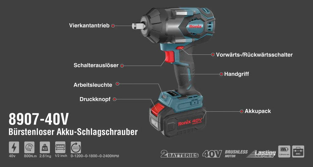 Ronix Modell 8907 40V 40V Bürstenloses Akku Schlagschrauber Set 3 4 Zoll 800 Nm