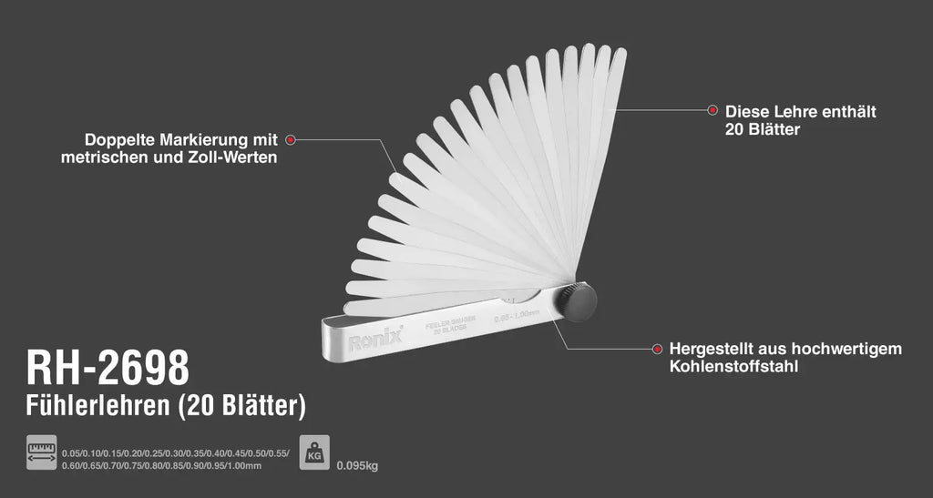 Ronix Fühlerlehren-Set mit 20 Klingen