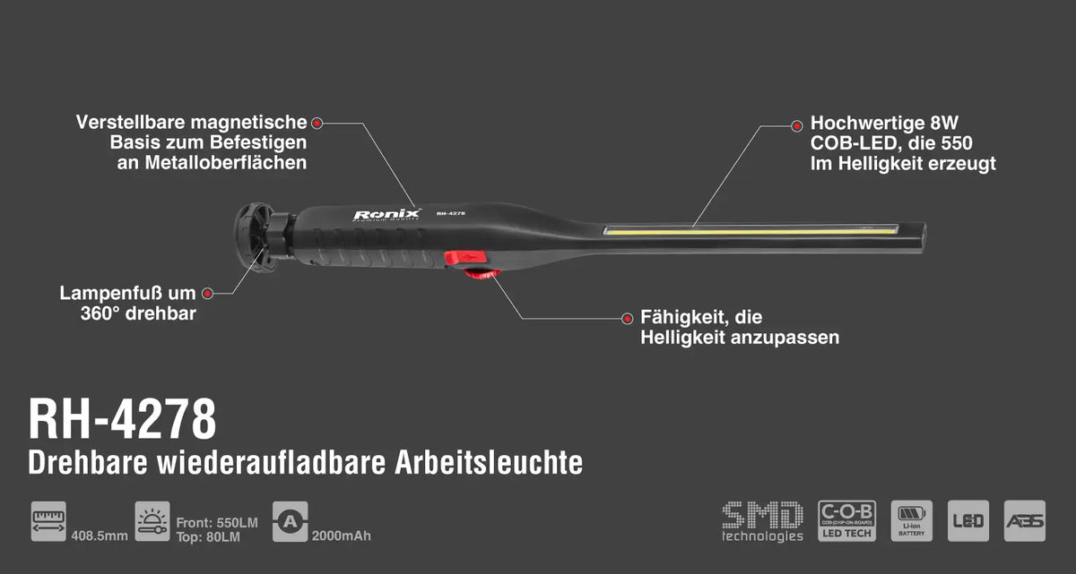 Ronix Drehbare wiederaufladbare Arbeitsleuchte 550LM-FIX PRO Modell