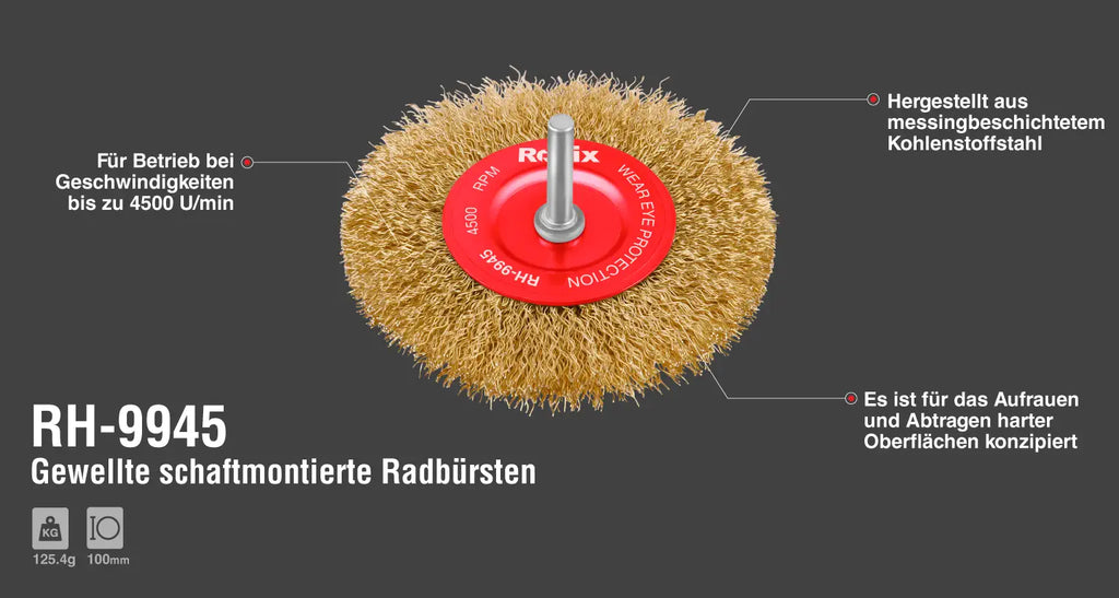 Ronix Gewellte Radbürste mit Welle 100 mm