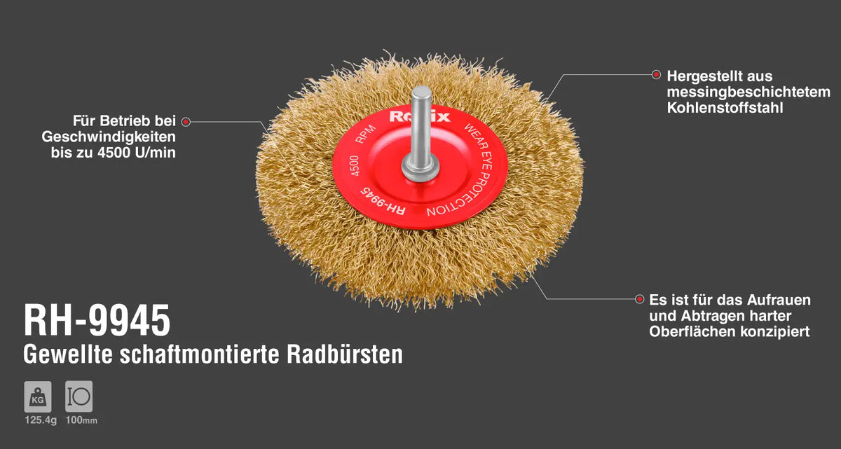 Ronix Gewellte Radbürste mit Welle 100 mm