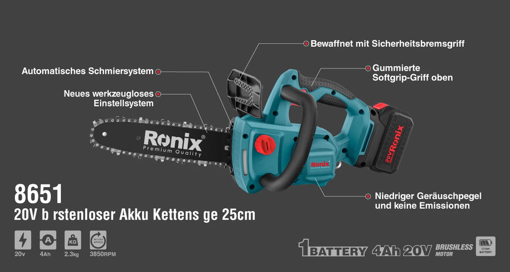 Ronix Bürstenlose Akku-Kettensäge 20 V, 25 cm