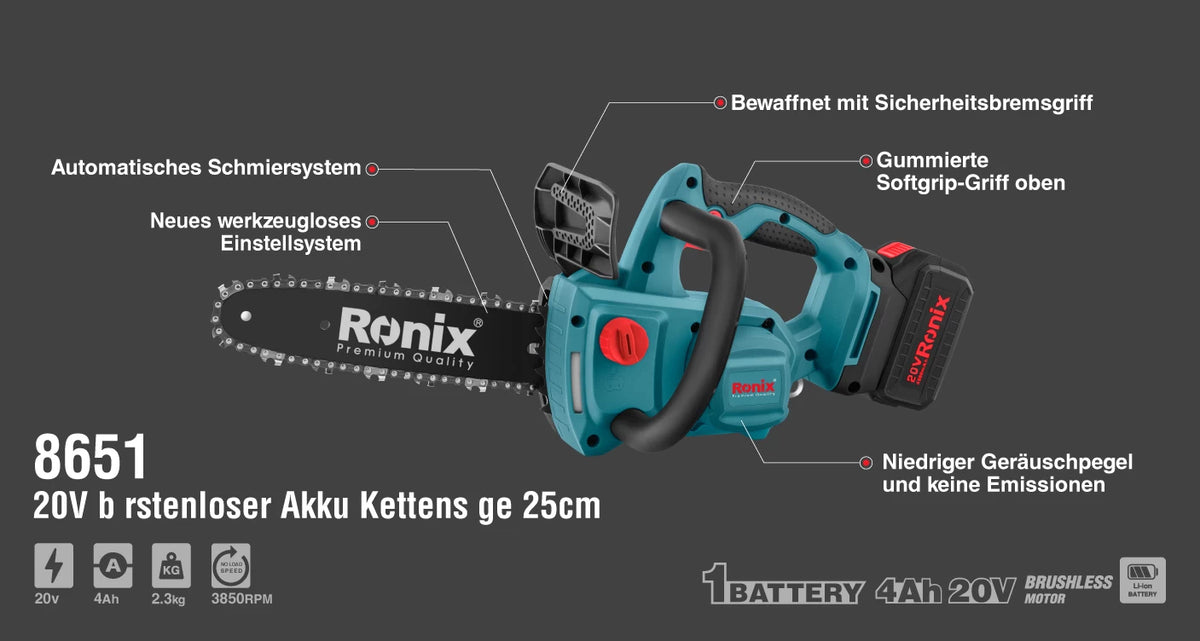 Ronix Bürstenlose Akku-Kettensäge 20 V, 25 cm