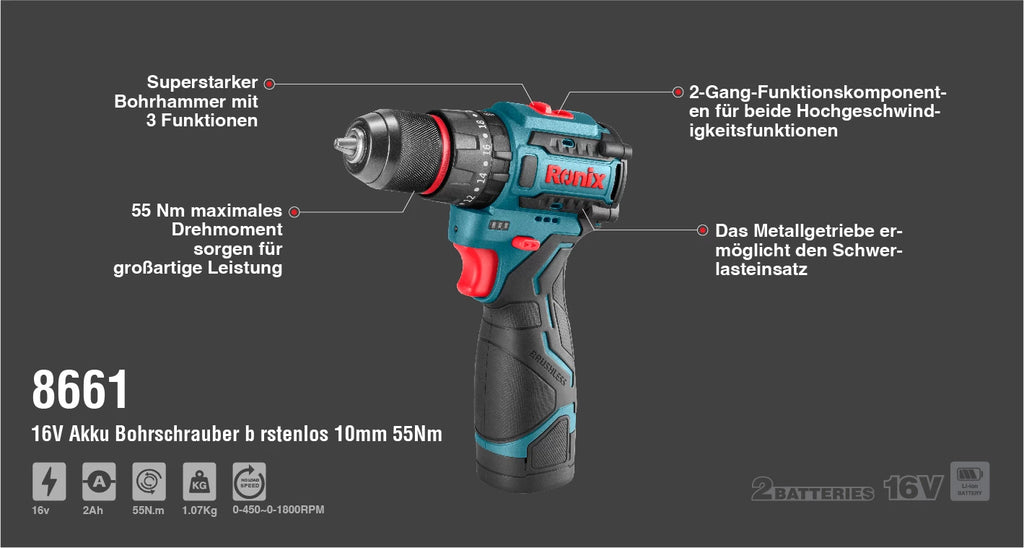 Ronix Akku-Bohrschrauber bürstenlos 16V, 10mm-55Nm