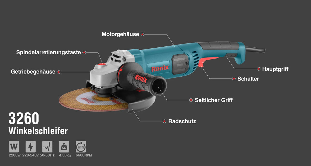 Ronix Winkelschleifer 2200 W - 230 mm - 6600 U/min