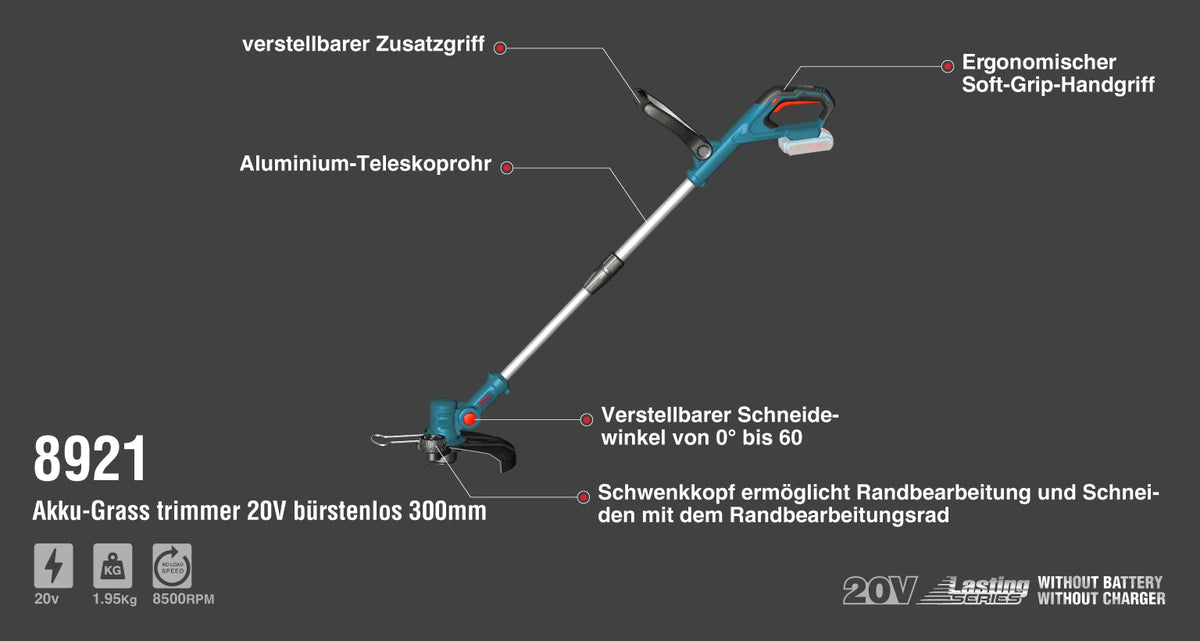 Ronix bürstenloser Akku Rasentrimmer, 300 mm 20V