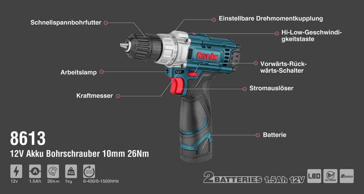 Ronix 12V Akku-Bohrschrauber 10 mm - 26 Nm