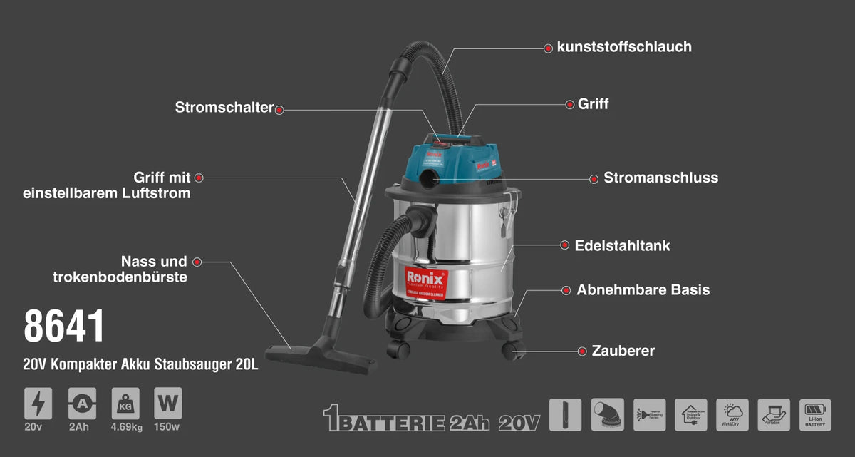 Ronix 20V Kompakt-Akku-Sauger 20L