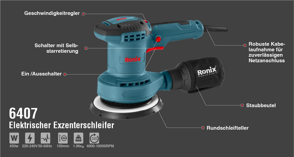 Ronix Elektrischer Exzenterschleifer 450 W – 150 mm