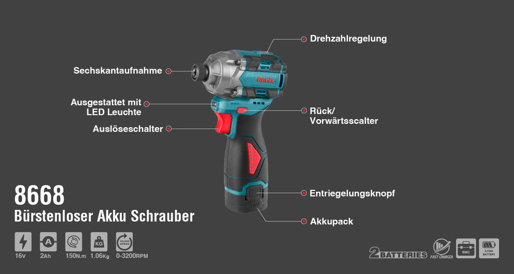 Ronix Bürstenloser Akku Schrauber 16 V
