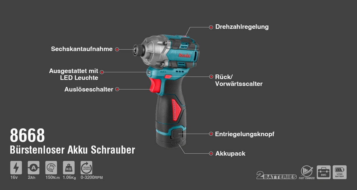 Ronix Bürstenloser Akku Schrauber 16 V