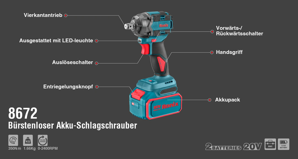 Ronix Bürstenloser Akku-Schlagschrauber 20 V , 1/2 Zoll 350 Nm