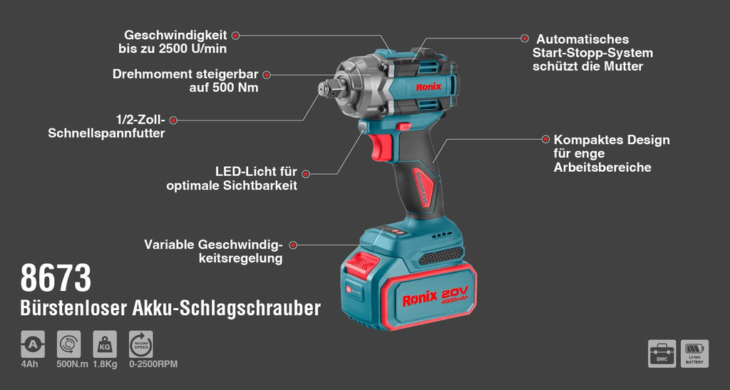 Ronix Bürstenloser Akku-Schlagschrauber 1/2 Zoll , 500 Nm