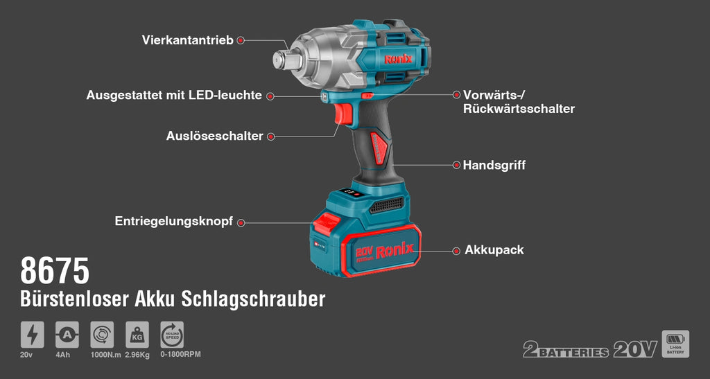 Ronix Bürstenloser Akku-Schlagschrauber 3/4 Zoll (1/2 Zoll) , 1.000 Nm