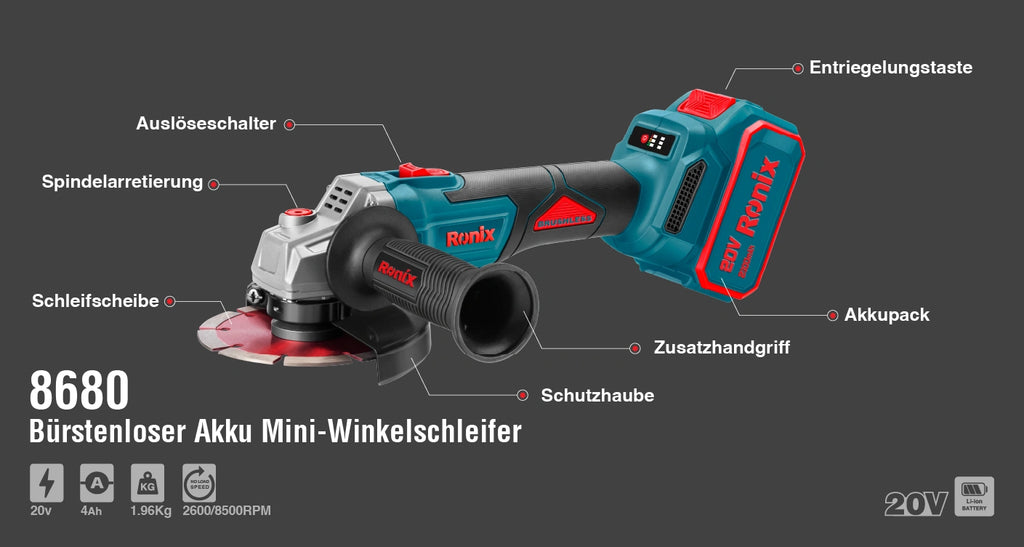 Ronix Bürstenloser Akku Mini-Winkelschleifer 125 mm 20 V