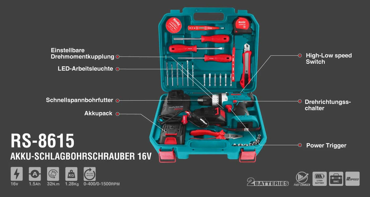 Ronix Akku-Bohrschrauber-Set 16 V (33-teilig)