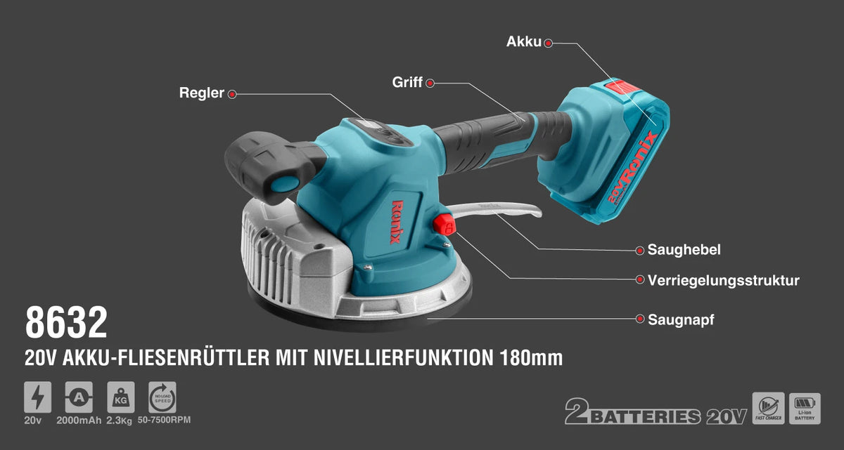 Ronix 20 V Akku-Fliesen-Vibrations-Nivelliermaschine, 180 mm