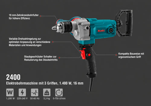 Ronix 3-Griff-Elektrobohrmaschine 1400 W-16 mm
